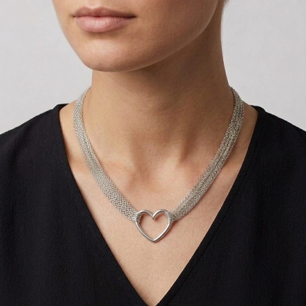Source Unknown 925 Sterling Silver Multi-Strand Mesh Open Heart Necklace 15"